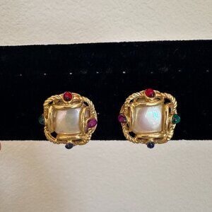 1980s Vintage Gold Tone and Faux Stone Clip Earrings